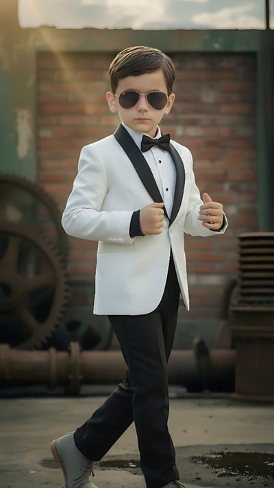White tuxedo suit with black lapel – Kids 2 piece formal outfit
