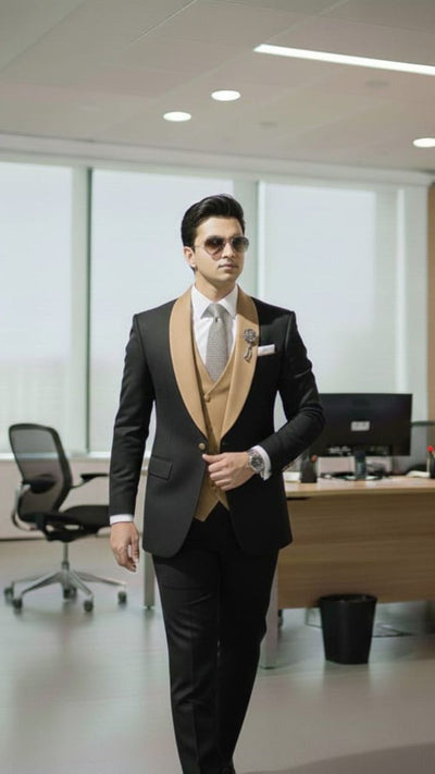 Kids Apex Formal 3 Piece Suit in Black and Golden – Asjal Clothes Pakistan