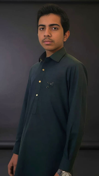 Ashere Green kids suit with golden metal buttons and back eyelet by Asjal Clothes Pakistan.