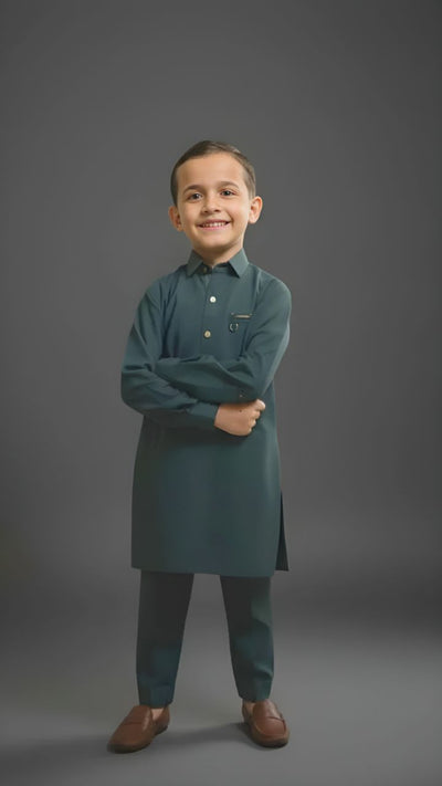 Ashere Green kids suit with golden metal buttons and back eyelet by Asjal Clothes Pakistan.