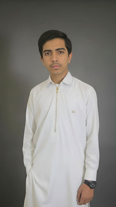Auve White kids suit with front zipper, golden badge, and D-bar back design by Asjal Clothes Pakistan.