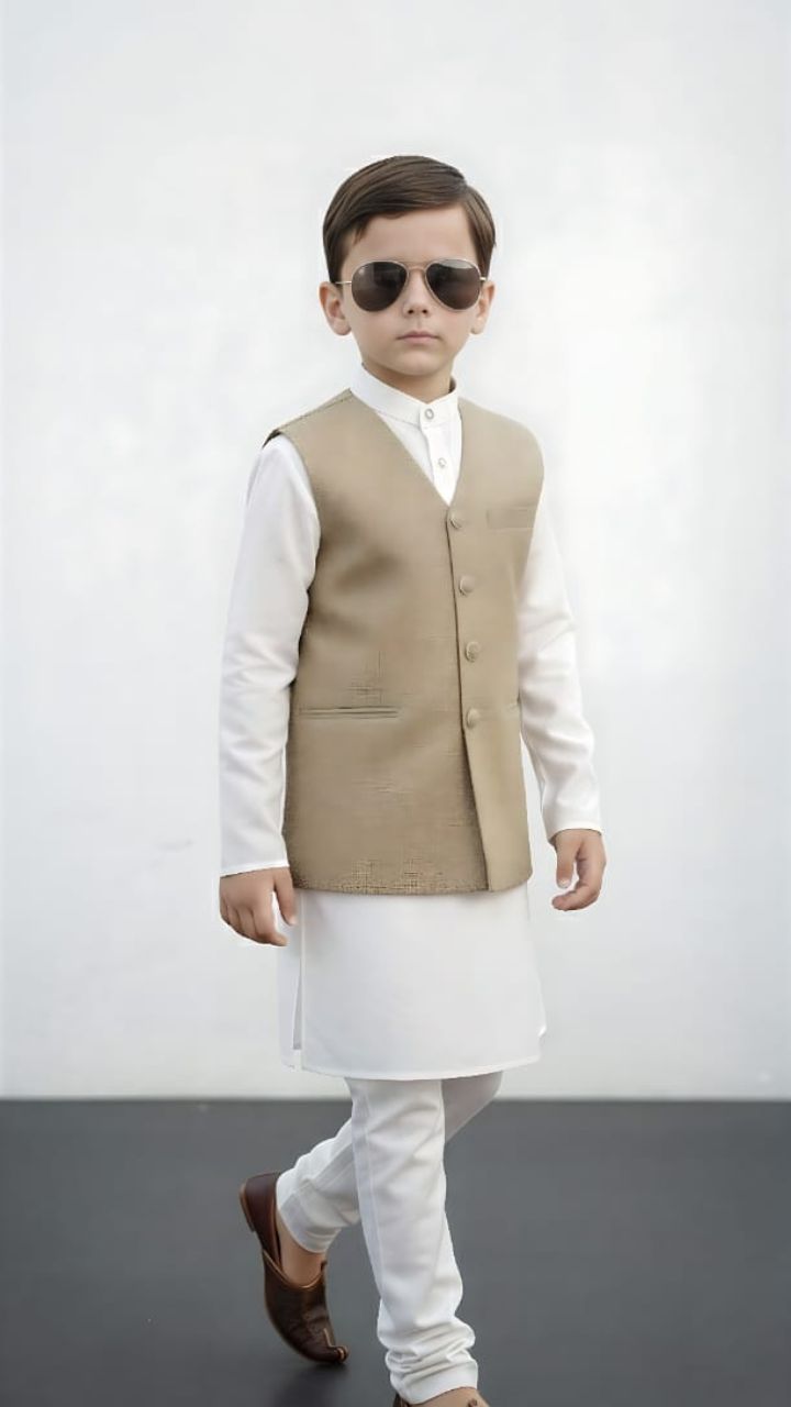 Beige V-Neck Waistcoat for kids – elegant premium waistcoat by Asjal Clothes Pakistan.