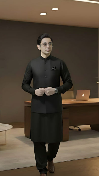 Black suiting fabric waistcoat for kids by Asjal Clothes.