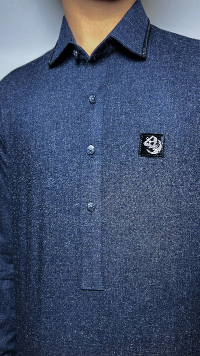 Wool Blue Iconic Limited Edition kids kameez shalwar with velvet embellishment, accessories, and unique buttons by Asjal Clothes Pakistan.