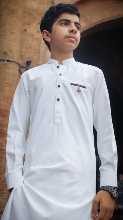 Boski Bright Kameez Shalwar in premium wash & wear fabric with unique buttons and accessory embellishments – Asjal Clothes Pakistan.