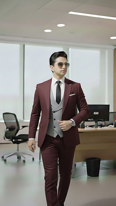 Boys 3-piece executive suit with contrast grey vest – Maroon