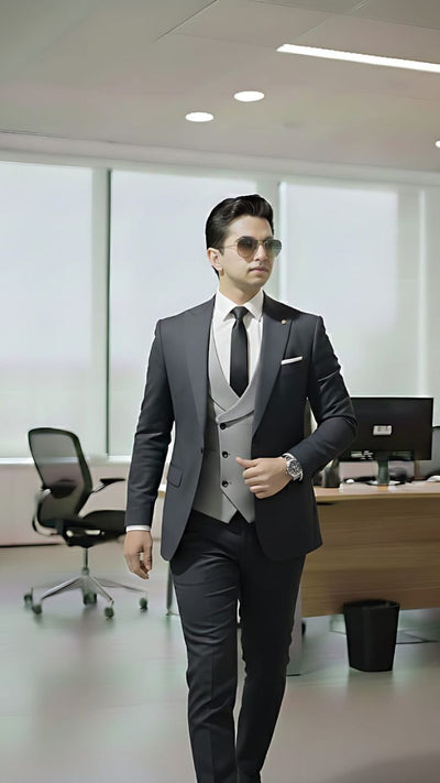 Boys 3-piece executive suit with contrast grey vest – Charcoal Grey