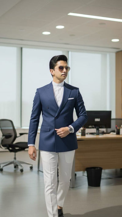 Blue double press coat with white pant and white shirt formal outfit for kids.