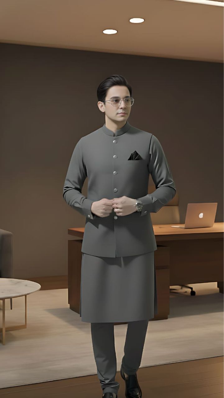 Grey suiting fabric waistcoat for kids by Asjal Clothes.