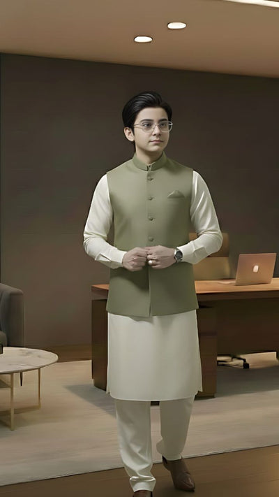 Light Olive Green suiting fabric waistcoat for kids by Asjal Clothes.