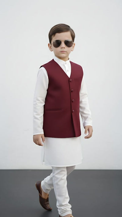 Maroon V-Neck Waistcoat for kids – elegant premium waistcoat by Asjal Clothes Pakistan.