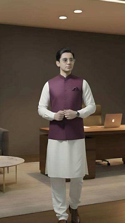 Maroon suiting fabric waistcoat for kids by Asjal Clothes.