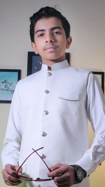 Off White Signature Waistcoat featuring unique buttons and zipper-embellished design – Asjal Clothes Pakistan.