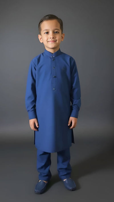Royal Blue kids premium suit with black and golden buttons, D-bar sleeve design, and velvet contrast back by Asjal Clothes Pakistan.