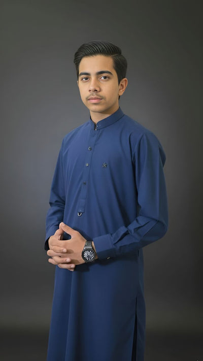 Royal Blue kids premium suit with black and golden buttons, D-bar sleeve design, and velvet contrast back by Asjal Clothes Pakistan.