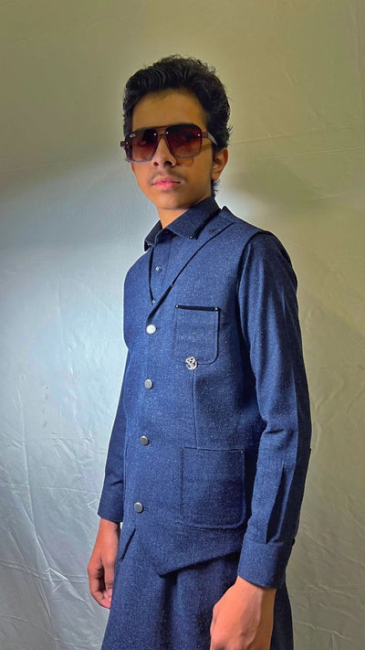 Royal Blue Majesty Wool Edition featuring premium wool suit with velvet and accessory-embellished waistcoat – Asjal Clothes Pakistan.