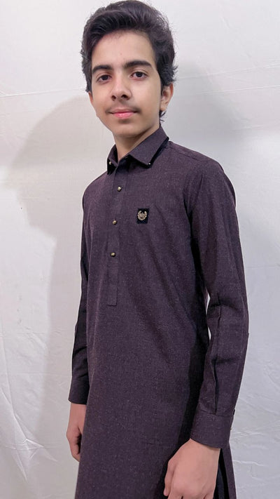 Royal Plum Iconic Kameez Shalwar Limited Edition in premium wool fabric embellished with velvet and accessories – Asjal Clothes Pakistan.