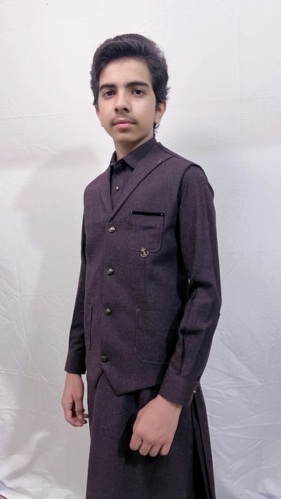 Royal Plum Majesty Wool Edition featuring premium wool suit with velvet and accessory-embellished waistcoat – Asjal Clothes Pakistan.